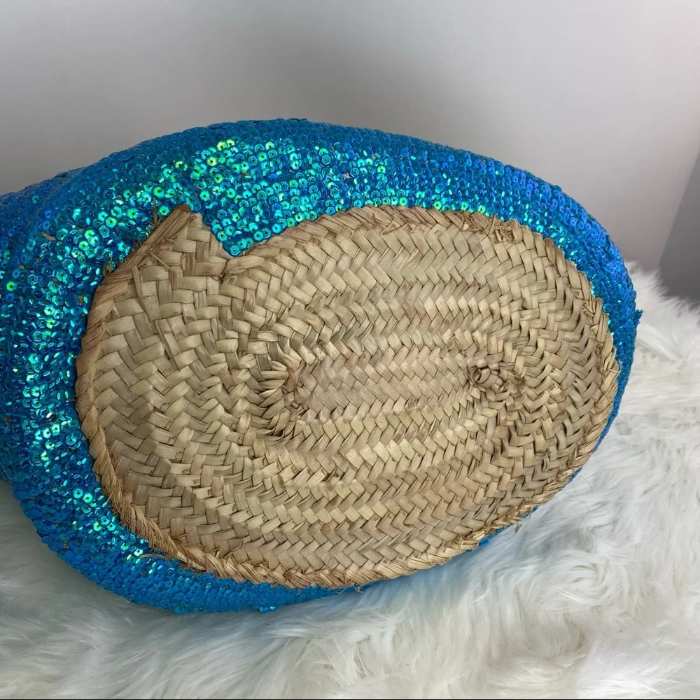 Moroccan Jute and Leather Tote with Blue Sequins